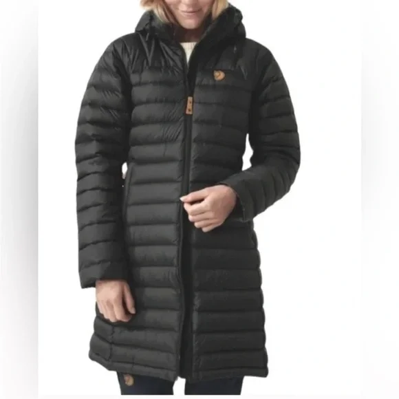 NWOT Sample Fjallraven Snow Flake Parka Goose Down Coat Long Hooded Black Gold - Picture 2 of 12
